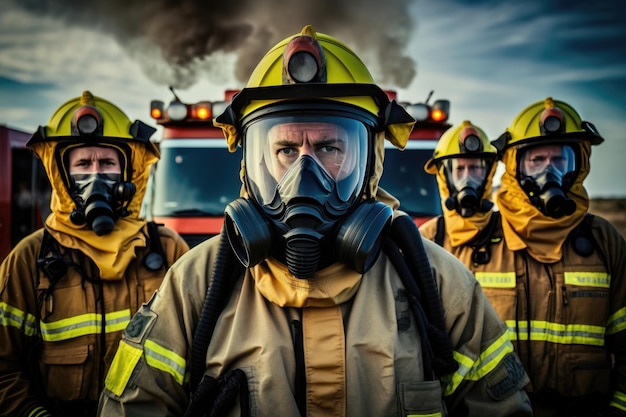 Portrait of a group of firefighters in masks standing near the fire AI generation