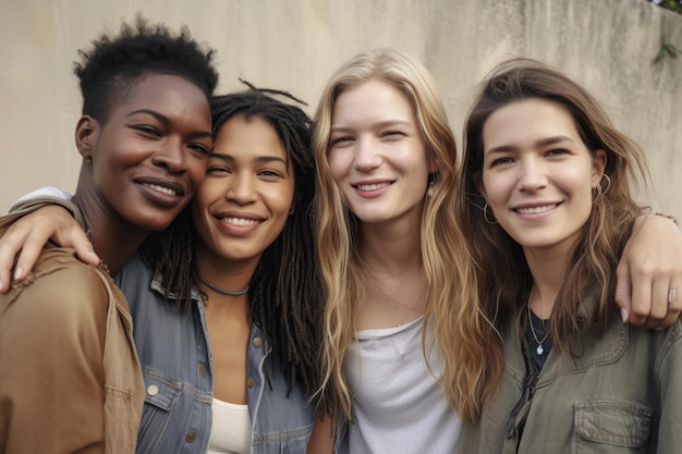 Portrait of a group of friends standing together smiling at the camera created with generative ai