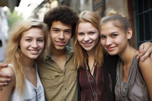 Portrait of a group of friends standing together smiling at the camera created with generative ai