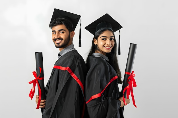 Portrait of a group indian students in graduation gowns holding diplomas