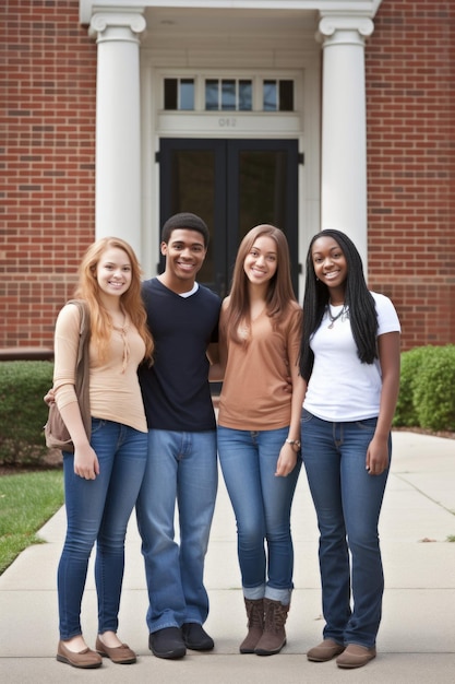 portrait of a group of students standing outside on campus created with generative ai