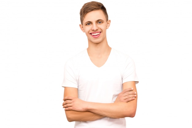 Portrait of a guy in a white t-shirt, isolate