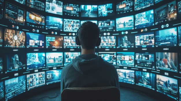 portrait hacker man surrounded by bright oval with multiple TV screens with channels