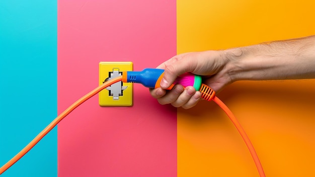 Photo portrait of hand plugging multicolored electrical cables