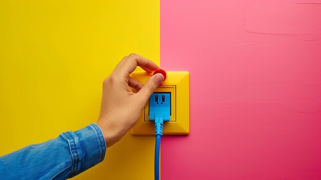 Photo portrait of hand plugging multicolored electrical cables