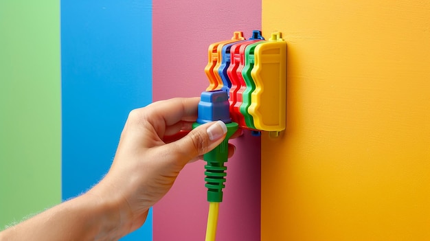 Photo portrait of hand plugging multicolored electrical cables