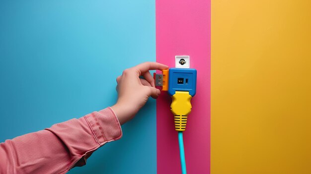 Photo portrait of hand plugging multicolored electrical cables