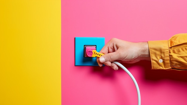 Photo portrait of hand plugging multicolored electrical cables