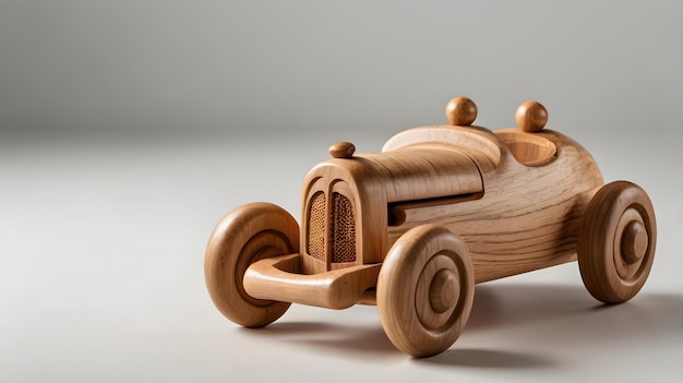 Photo portrait of a handcrafted wooden toy placed on a clean white background