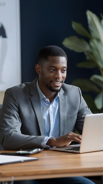 Portrait of handsome african black young business man working on laptop at office desk