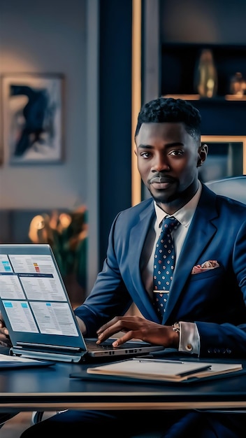 Portrait of handsome african black young business man working on laptop at office desk