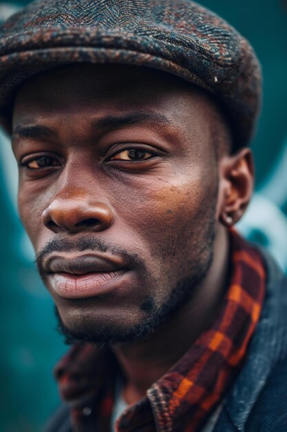 Portrait of a handsome African man in a cap Mens beauty fashion