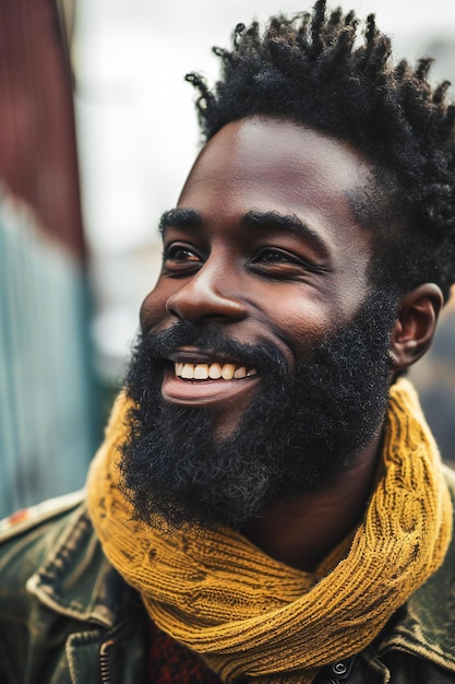 Portrait of a handsome african man with beard and mustache smiling outdoors