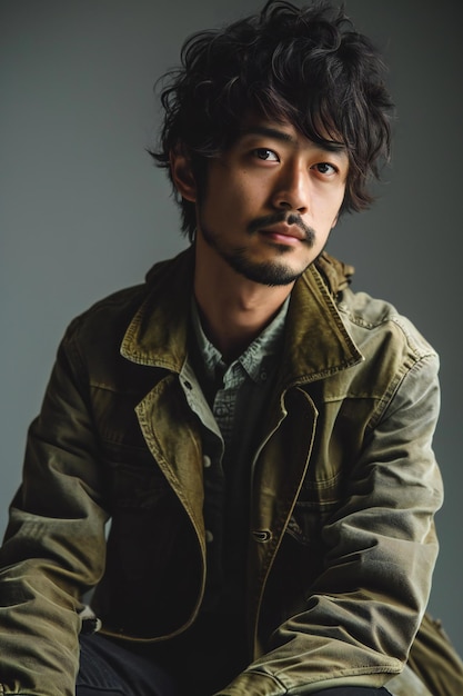 Portrait of a handsome asian man in khaki jacket