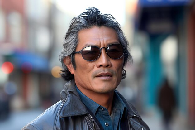 Portrait of a handsome Asian man wearing sunglasses and a leather jacket