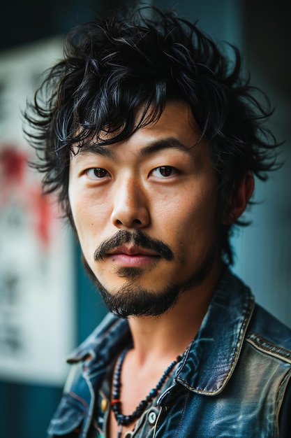 Portrait of a handsome asian man with black hair and beard