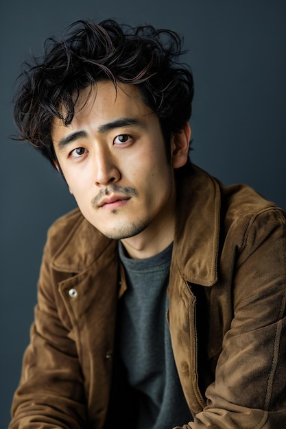 Portrait of a handsome asian man with brown jacket on black background