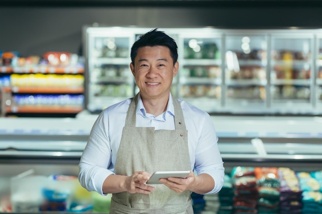 Portrait of handsome asian staff man salesman in apron standing and looking at camera in grocery