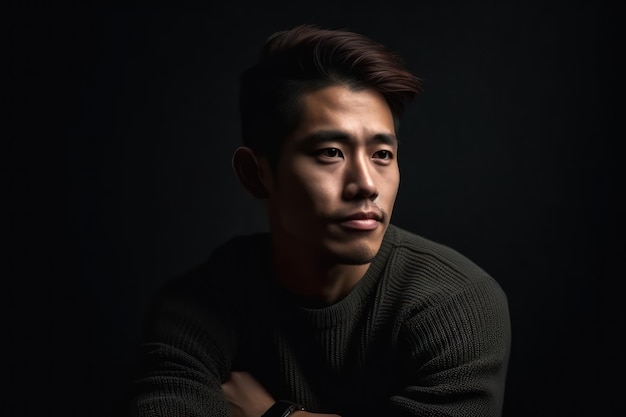 Portrait of handsome attractive 20s asian male posing against dark background