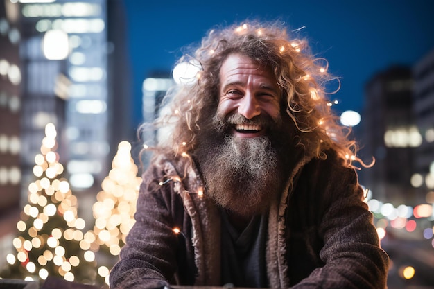 Portrait of handsome bearded hipster man with christmas lights in the city