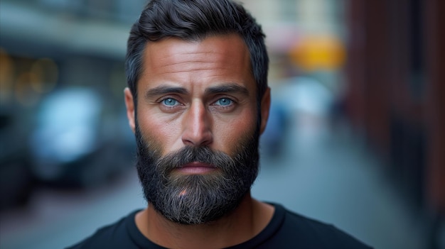 Portrait of handsome bearded man with intense blue eyes in urban setting