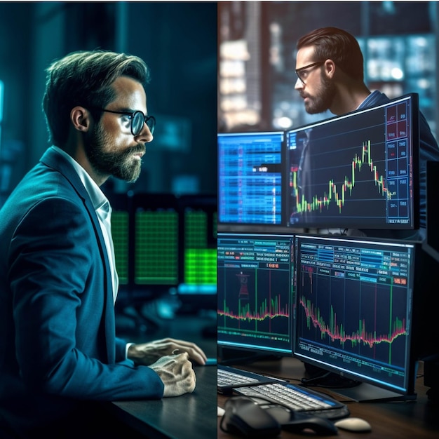 Portrait of handsome bearded trader working on computer in night office