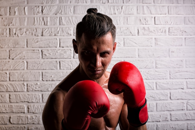 Portrait of handsome boxer man standing on the bric wall and looking at camera with intense gaze