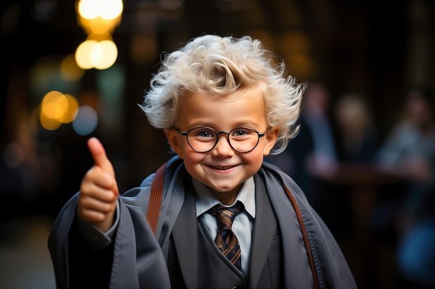 Portrait of a handsome boy in academic robe glasses and suit