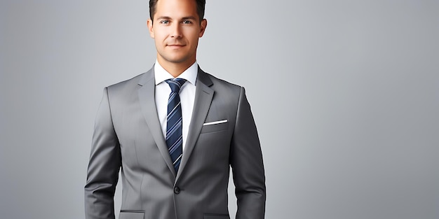 Photo portrait of handsome businessman in grey suit business and success concept