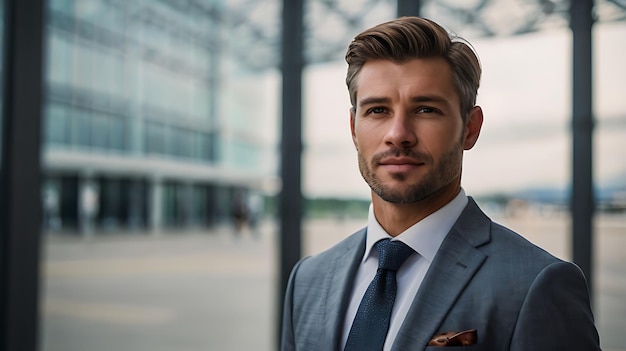 Photo portrait of a handsome businessman looking out of a glass wall at an airport