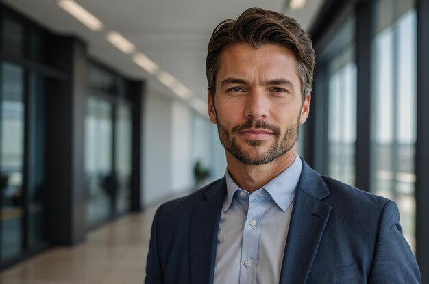 Photo portrait of a handsome businessman walking in a business environment