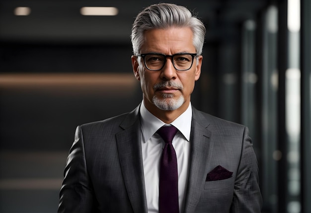 portrait of handsome bussines man grey hair bussines banner copy space text