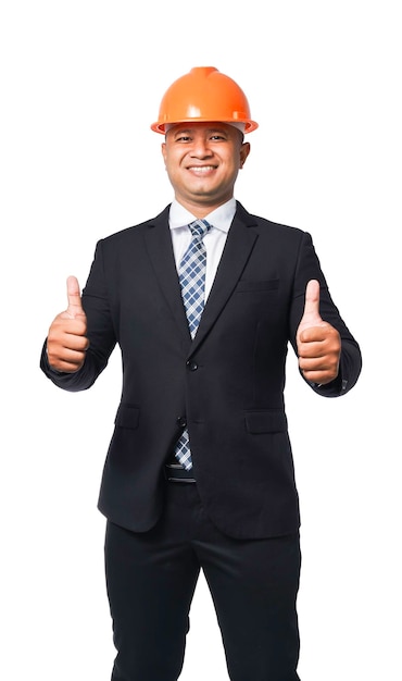 Portrait handsome chief engineer wearing a black suit isolated white background with clipping path