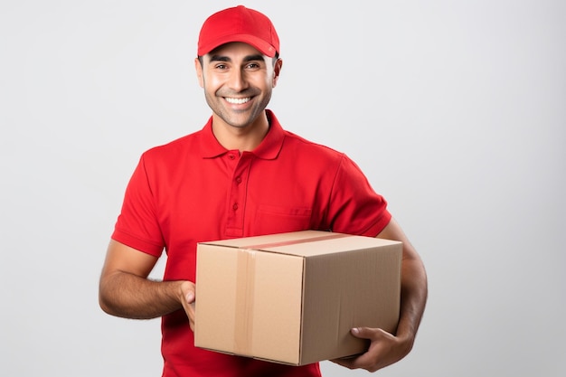 Portrait of handsome delivery man wearing red uniform and cap holding parcel on white background