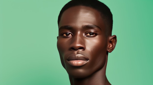 Portrait of a handsome elegant sexy African man with dark and perfect skin a light green background