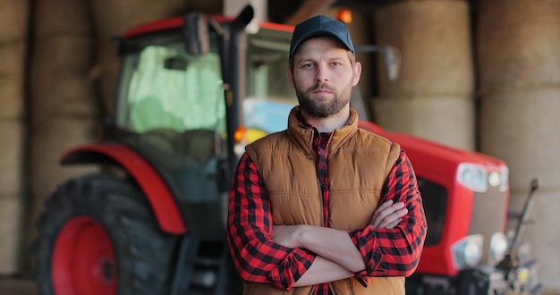 Portrait of a handsome farmer standing in a shirt and orange vest smiling at the camera on a tractor and haystack background Machine for agriculture