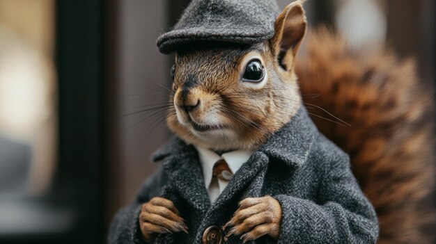 Photo portrait of a handsome fashionable squirrel the squirrel is dressed in a tiny jacket and a cute hat