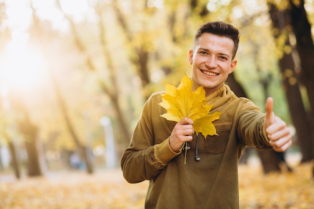 Portrait of handsome guy smiling and holding a bouquet of autumn leaves in the park