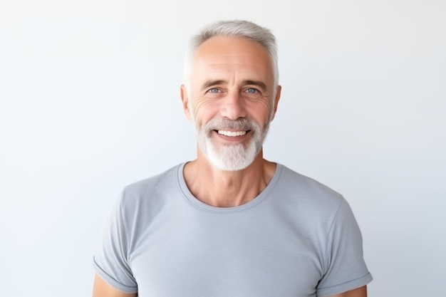 Portrait handsome happy smiling mature man with toothy smile gray hair bearded on white background