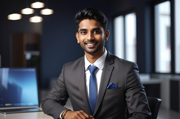 Portrait of handsome Indian businessman sitting at table in office and smiling