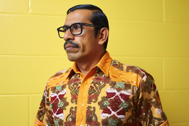 Portrait of a handsome Indian man wearing a colorful shirt and glasses