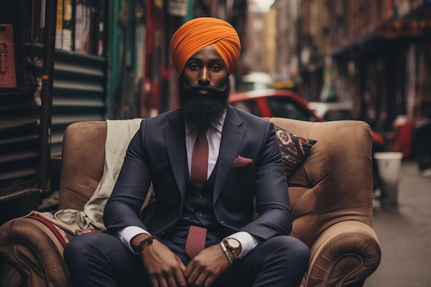 Portrait of a handsome Indian Sikh businessman wearing turban and sitting on a chair in the street