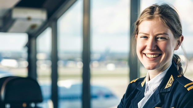 Portrait of a handsome lady pilot smiling at the air port