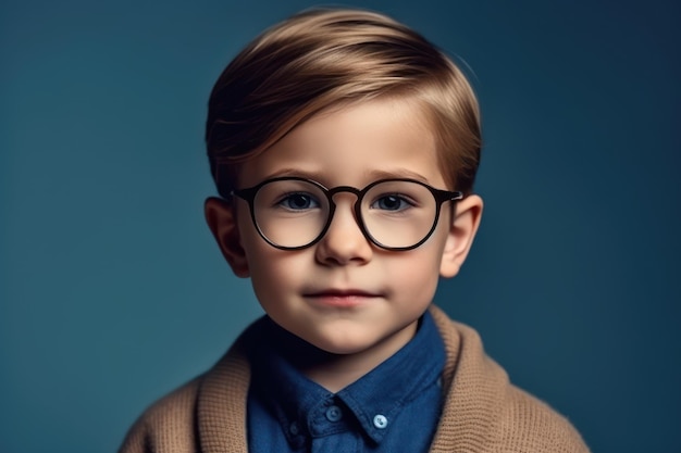 Portrait of handsome little boy in glasses look at the camera isolated on blue background