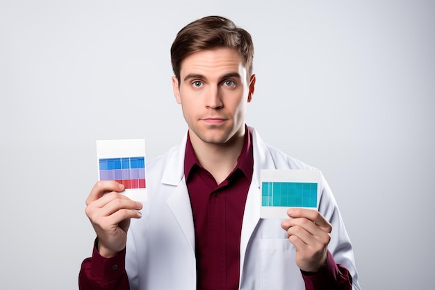 Portrait of a handsome male doctor holding color samples on a white background