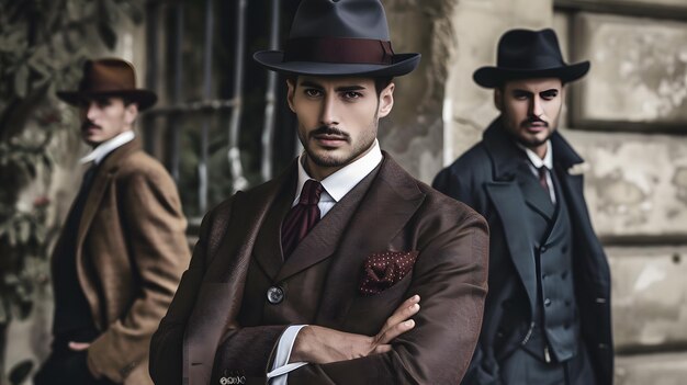 Portrait of handsome man in a classic suit and hat Mens beauty fashion