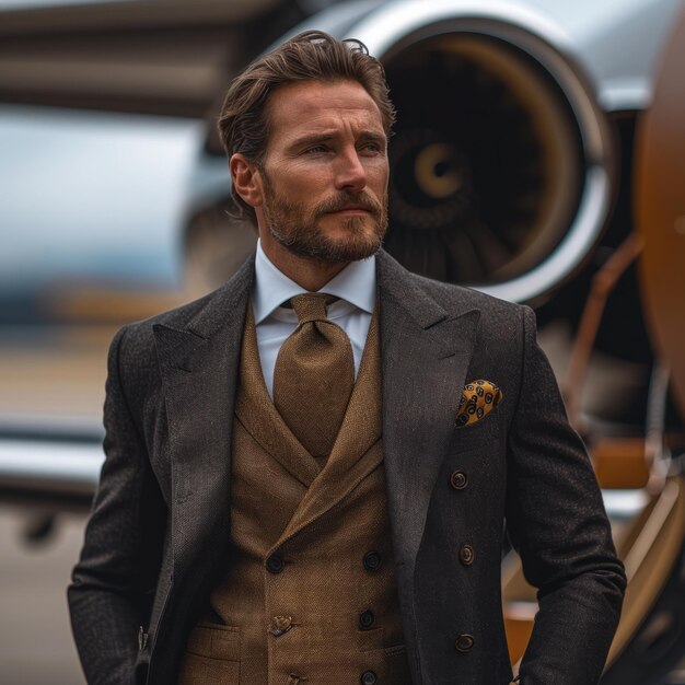 Portrait of handsome man in classic suit standing next to private jet Businessman in business suit standing next to a plane and airplane