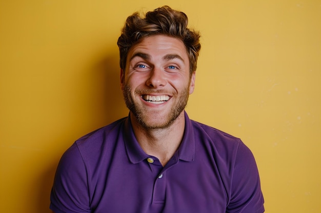 Photo portrait of a handsome man in a purple polo shirt with a happy funny face isolated on a yellow back