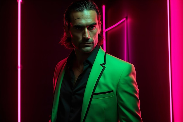 Portrait of a handsome man in a suit posing in the studio with neon lights Men's beauty fashion