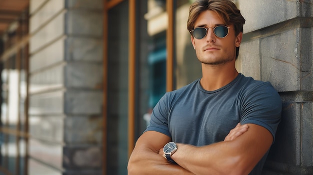 Photo portrait of a handsome man in sunglasses and watch outdoors man wearing casual